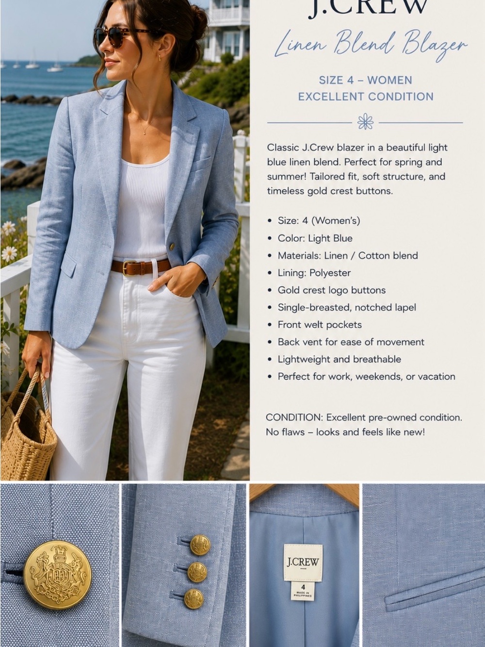 J. Crew Light Blue Linen Blend Blazer with Gold Buttons
